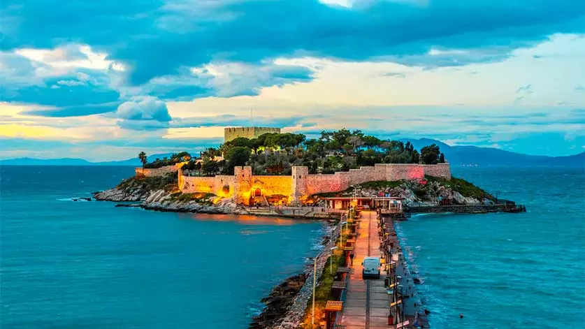 A view of Kusadasi Castle and harbor in Turkey