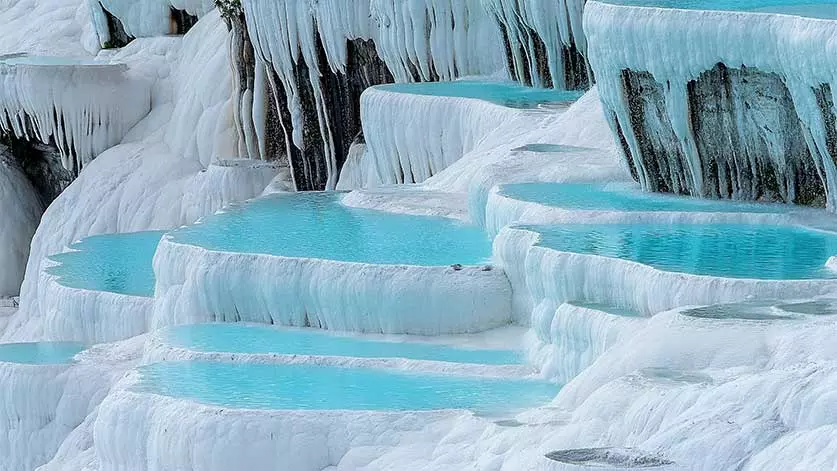 Pammukale natural hot water terraces in Denizli Turkey