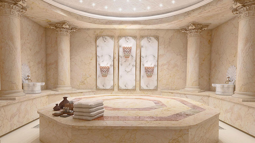 a marble room in an ancient Turkish hammam