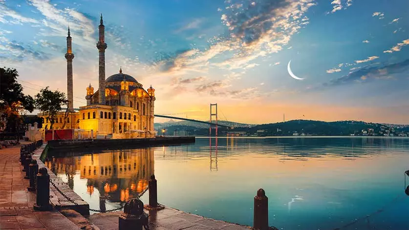 A view of Ortakoy mosque by the Bosphorus in sunrise